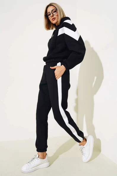 Garnili Üç İplik Sweatshirt Takım Siyah ürün görseli 1