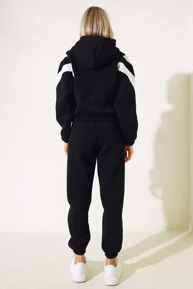 Garnili Üç İplik Sweatshirt Takım Siyah - Resim 3
