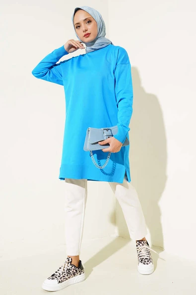 Yırtmaçlı Basic Triko Tunik Mavi - Resim 2