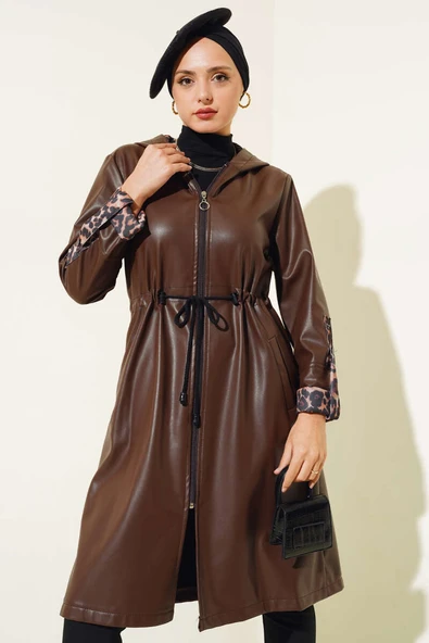Bel Fermuarlı Kapüşonlu Deri Trençkot Kahve - Resim 2