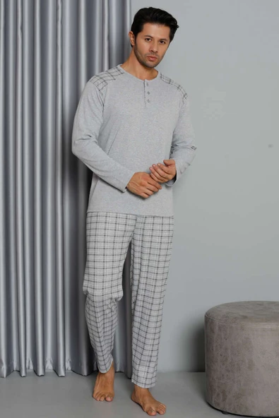 Uzun Kol Ekose Desen Erkek Pijama Takım Gri ürün görseli 1