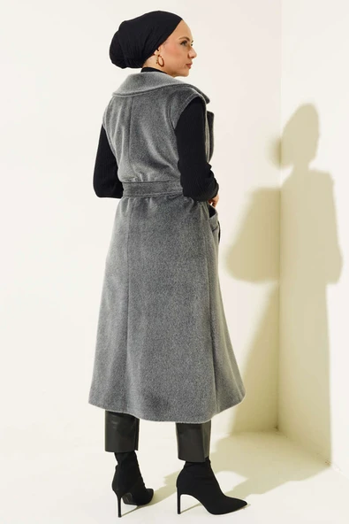 Goldfox Kuşaklı Uzun Yelek Gri - Resim 3
