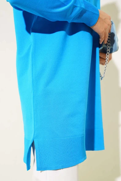 Yırtmaçlı Basic Triko Tunik Mavi - Resim 4