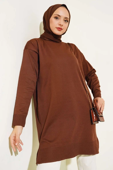 Yırtmaçlı Basic Triko Tunik Kahve ürün görseli 1