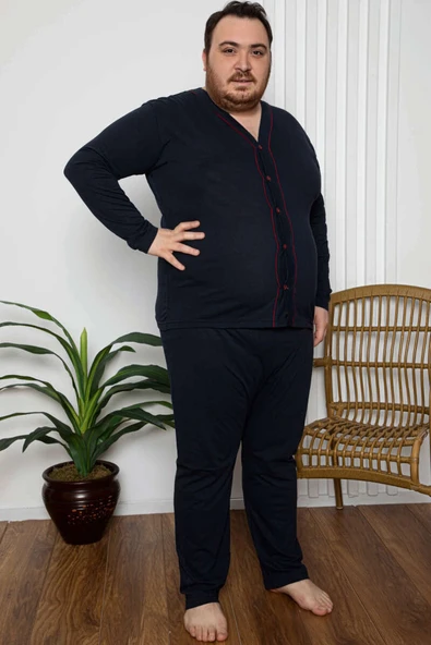 Boy Düğmeli Büyük Beden Erkek Pijama Takımı Lacivert Bordo ürün görseli 1