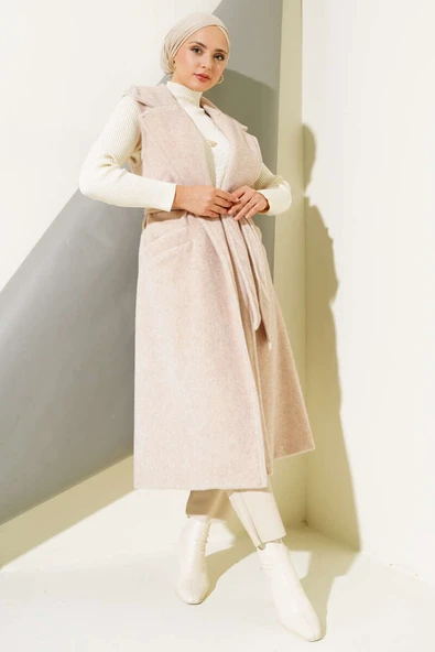 Goldfox Kuşaklı Uzun Yelek Pudra ürün görseli