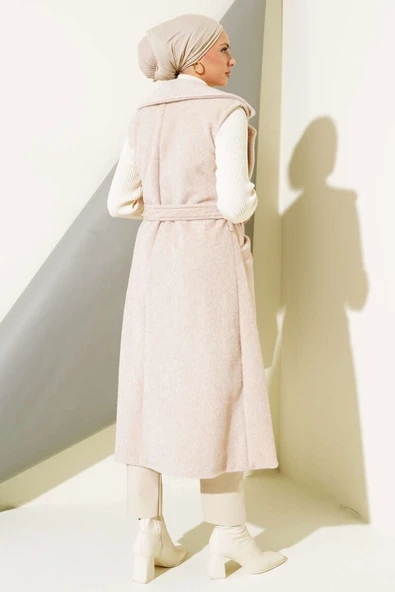 Goldfox Kuşaklı Uzun Yelek Pudra - Resim 3