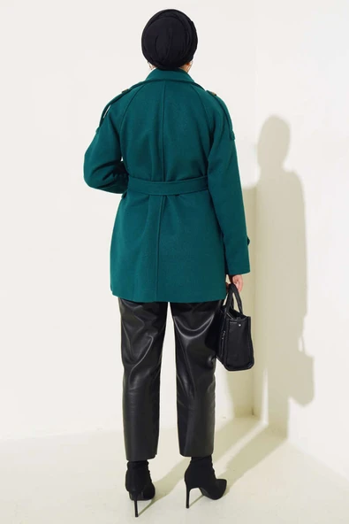 Omuz Apoletli Kuşaklı Kısa Kaşe Kaban Zümrüt - Resim 3