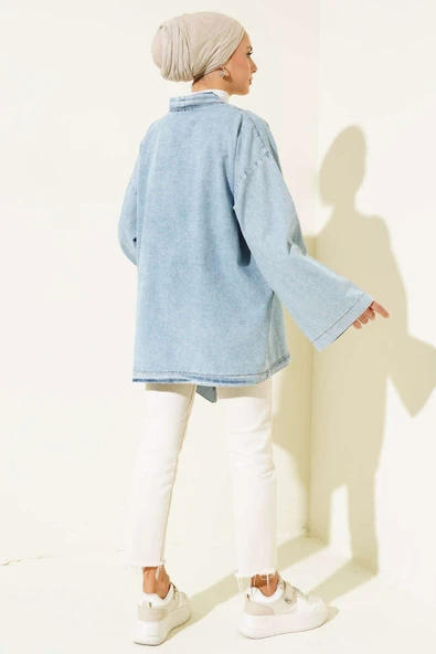Önü İp Bağlamalı Kot Kimono  Buz Mavisi - 3