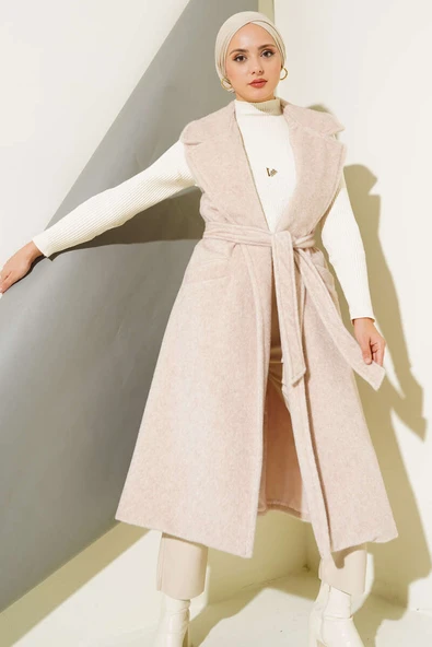 Goldfox Kuşaklı Uzun Yelek Pudra - Resim 2