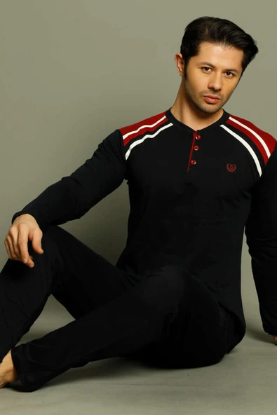 Düğmeli Armalı Erkek Pijama Takımı Lacivert Bordo ürün görseli 1