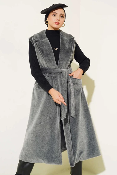 Goldfox Kuşaklı Uzun Yelek Gri ürün görseli