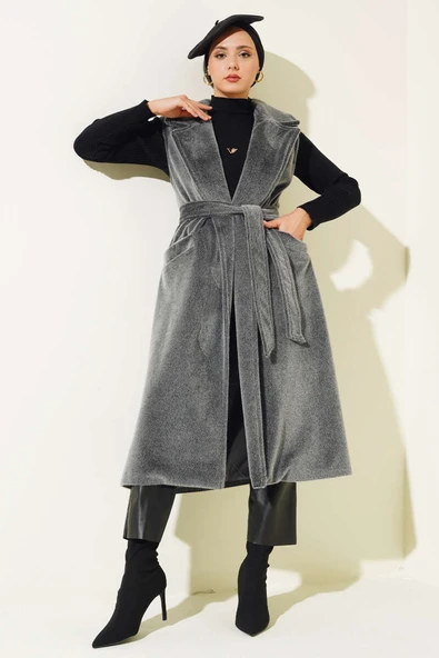 Goldfox Kuşaklı Uzun Yelek Gri - Resim 2