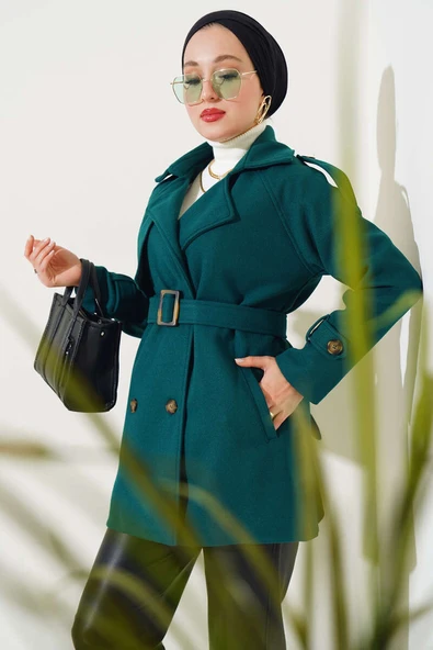 Omuz Apoletli Kuşaklı Kısa Kaşe Kaban Zümrüt ürün görseli 1