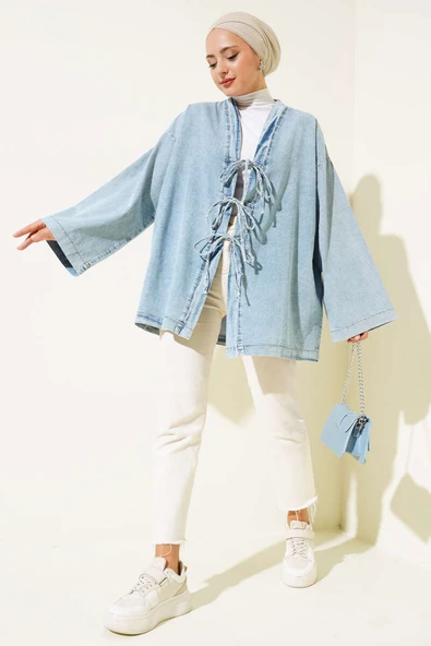 Önü İp Bağlamalı Kot Kimono  Buz Mavisi - 2