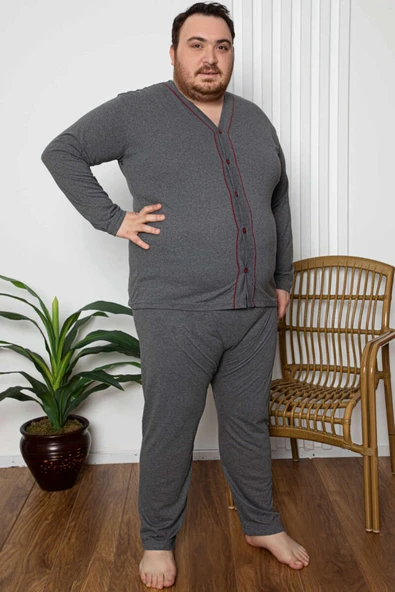 Boy Düğmeli Büyük Beden Erkek Pijama Takımı Füme Bordo ürün görseli 1