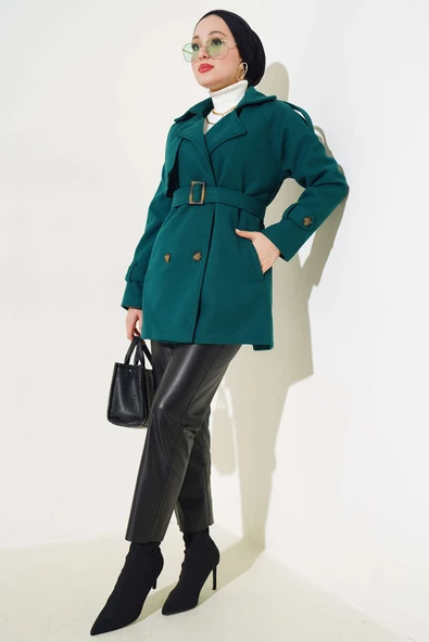 Omuz Apoletli Kuşaklı Kısa Kaşe Kaban Zümrüt - Resim 2