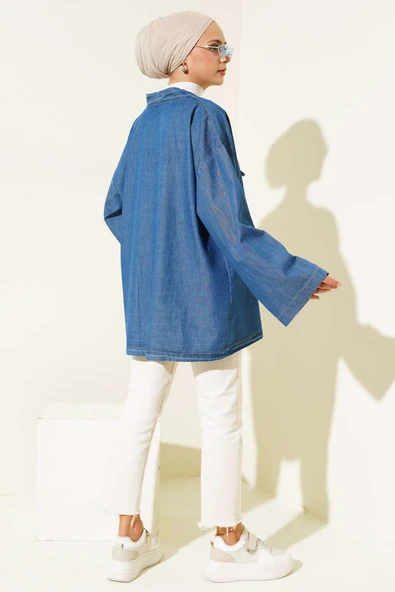 Önü İp Bağlamalı Kot Kimono Kot Mavisi - Resim 3