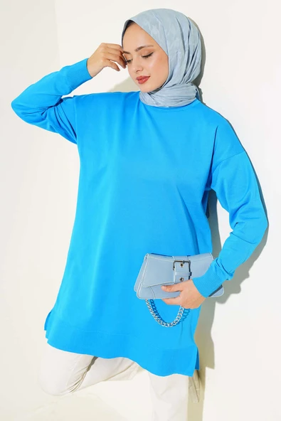 Yırtmaçlı Basic Triko Tunik Mavi ürün görseli 1