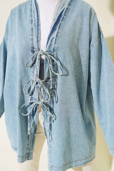 Önü İp Bağlamalı Kot Kimono  Buz Mavisi - 4