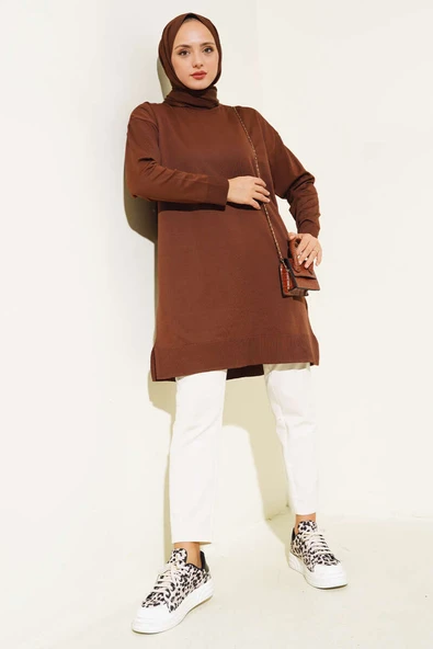 Yırtmaçlı Basic Triko Tunik Kahve - Resim 2