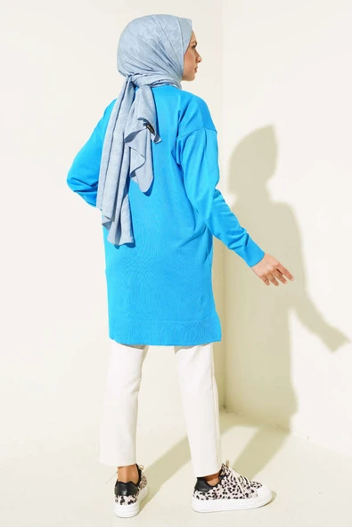 Yırtmaçlı Basic Triko Tunik Mavi - Resim 3