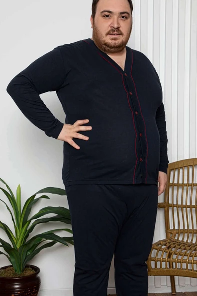 Boy Düğmeli Büyük Beden Erkek Pijama Takımı Lacivert Yeşil - Resim 2