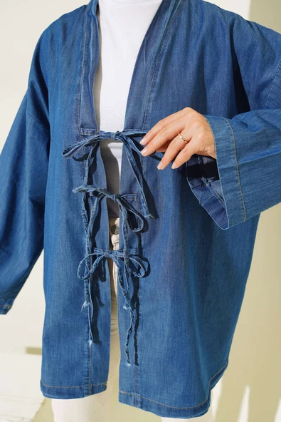 Önü İp Bağlamalı Kot Kimono Kot Mavisi - Resim 4