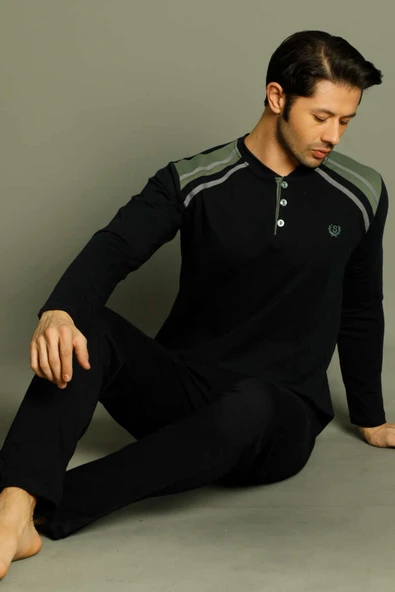 Düğmeli Armalı Erkek Pijama Takımı Lacivert Haki ürün görseli 1