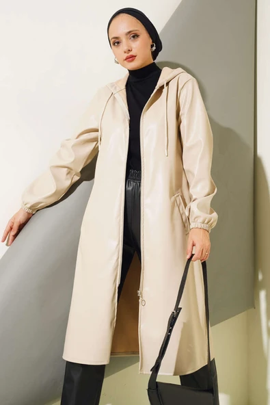 Fermuarlı Kapüşonlu Deri Kap Bej - 2