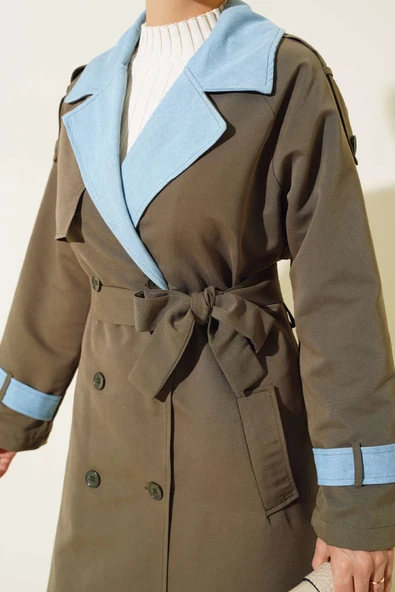 Kot Garnili Apoletli Trençkot Haki - Resim 4