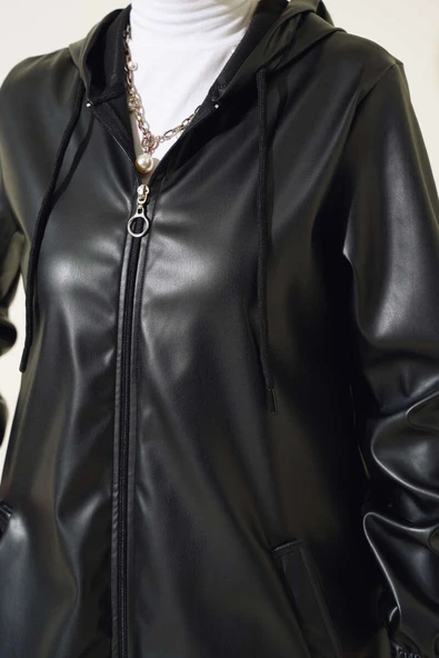 Fermuarlı Kapüşonlu Deri Kap Siyah - 4