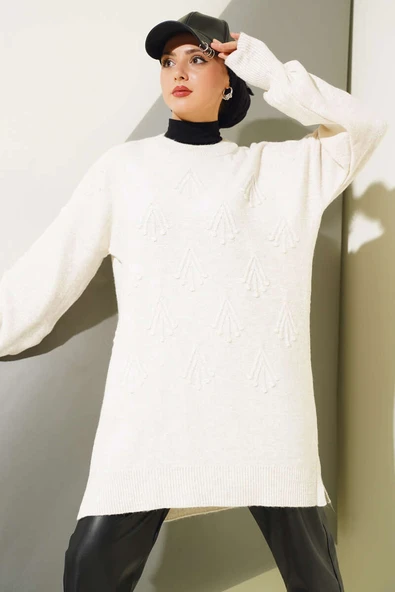 Kiraz Kabartmalı Yumoş Triko Tunik Kemik - 1