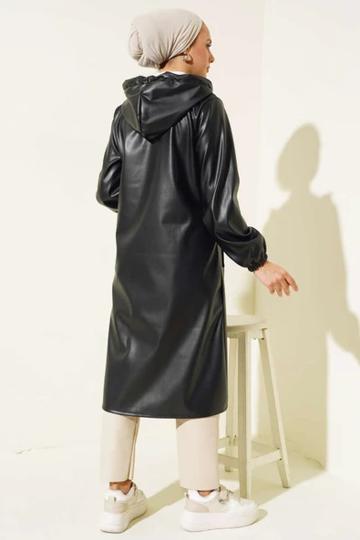 Fermuarlı Kapüşonlu Deri Kap Siyah - 3