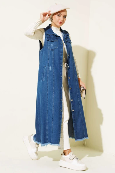 Boydan Düğmeli Uzun Kot Yelek Lacivert - 2