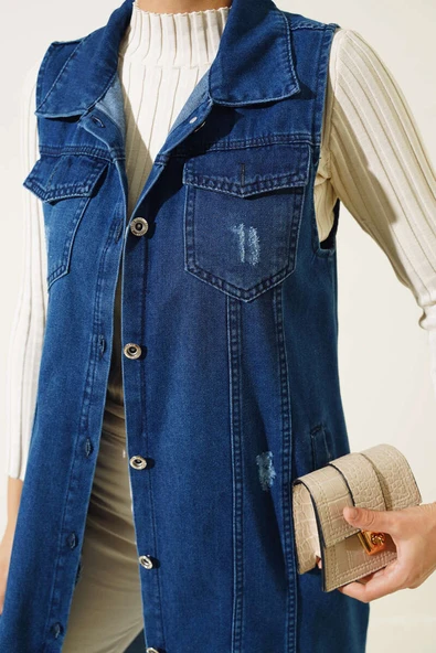 Boydan Düğmeli Uzun Kot Yelek Lacivert - 4