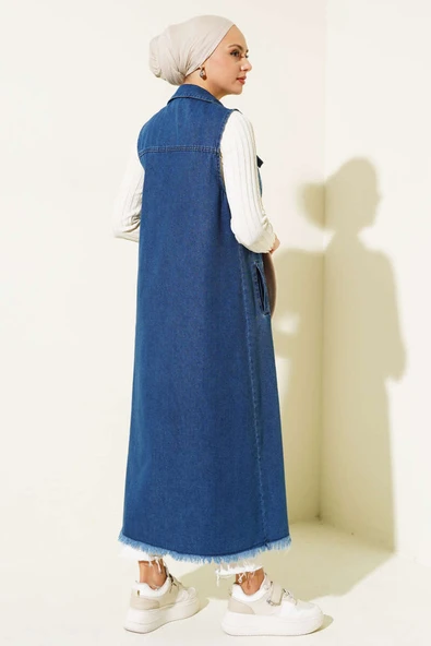 Boydan Düğmeli Uzun Kot Yelek Lacivert - 3