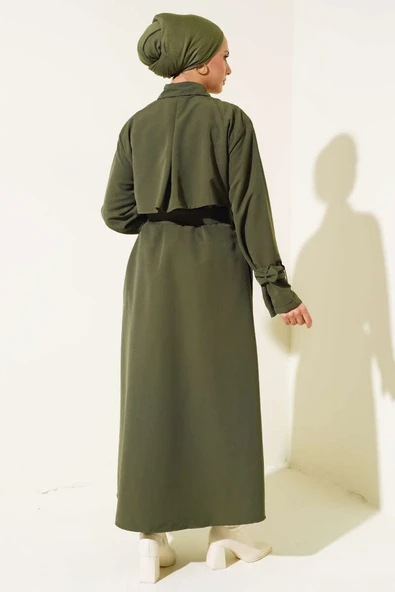 Kol ve Bel Kuşaklı Uzun Trençkot Haki - Resim 3