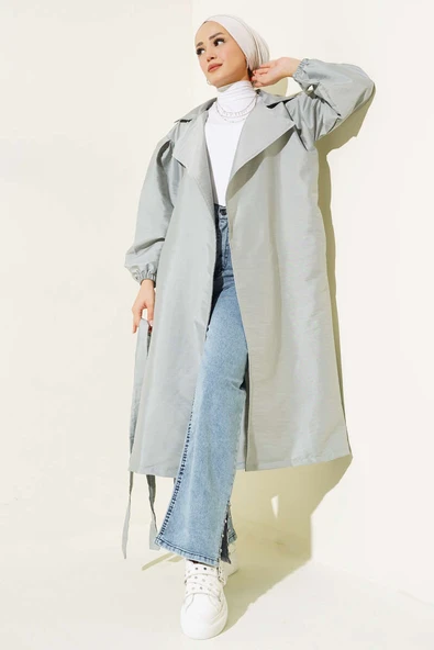 Balon Kol Kuşaklı Kruvaze Yaka Trençkot Gri - Resim 2