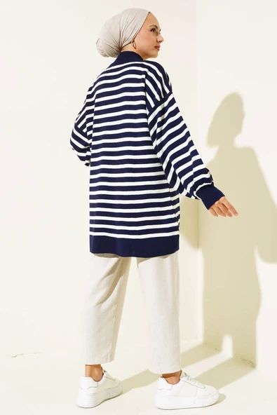 Balon Kol Çizgili Triko Tunik Lacivert - Resim 3