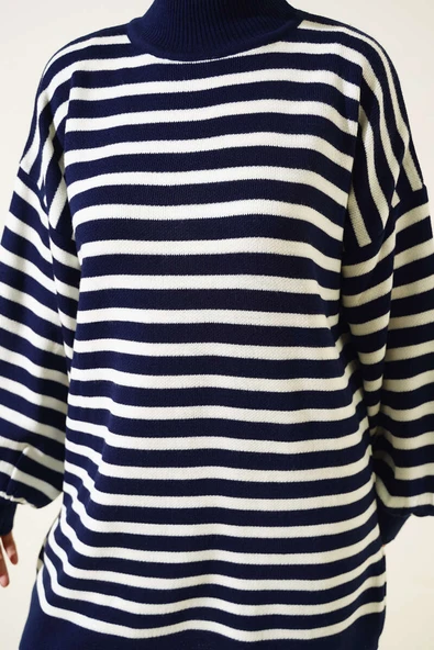 Balon Kol Çizgili Triko Tunik Lacivert - Resim 4