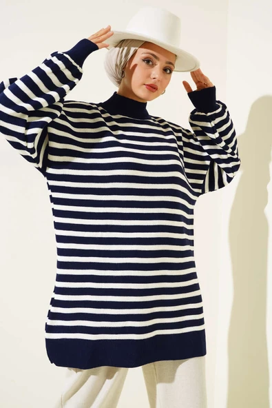 Balon Kol Çizgili Triko Tunik Lacivert ürün görseli 1