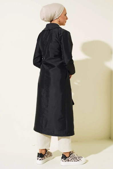 Kuş Gözlü Kuşaklı Trençkot Siyah - 3