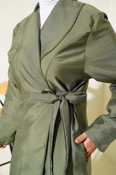 Kuş Gözlü Kuşaklı Trençkot Haki - 4