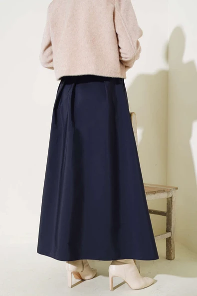 Bel Bağlamalı Çan Etek Lacivert - Resim 3