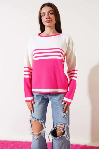 Çizgi Detaylı Triko Kazak Fuşya - 2