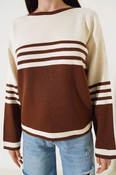 Çizgi Detaylı Triko Kazak Kahve Bej - 4