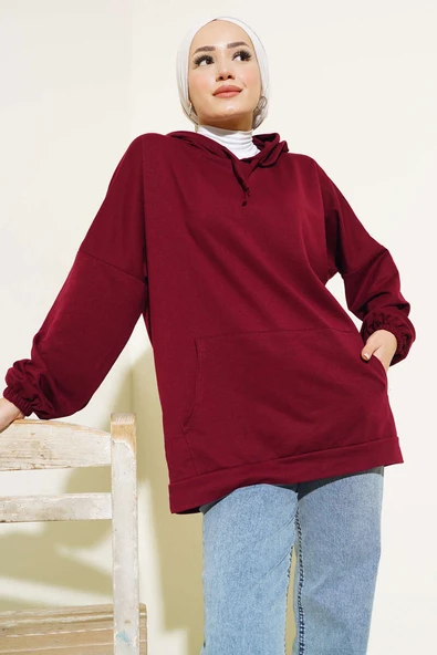 Kapüşonlu Oversize Sweat Bordo - Resim 3