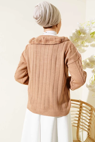 Geniş V Yakalı Triko Kısa Hırka Camel - 3