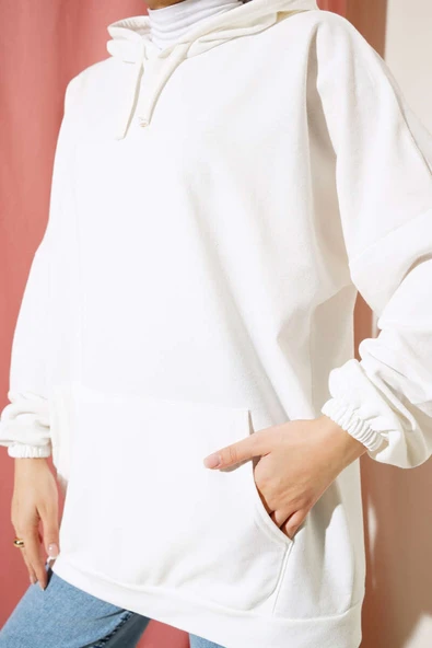 Kapüşonlu Oversize Sweat Ekru - Resim 4
